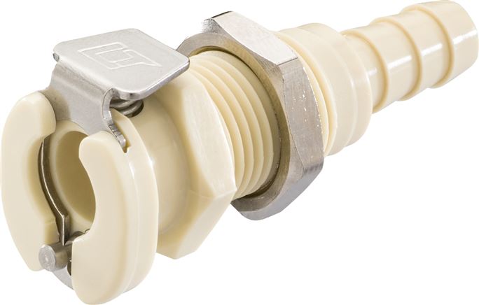 Exemplary representation: Coupling socket with grommet & bulkhead thread, polypropylene, beige